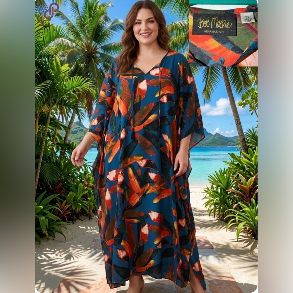 Stunning Bob Mackie Tropical Print Maxi Caftan Size 3X